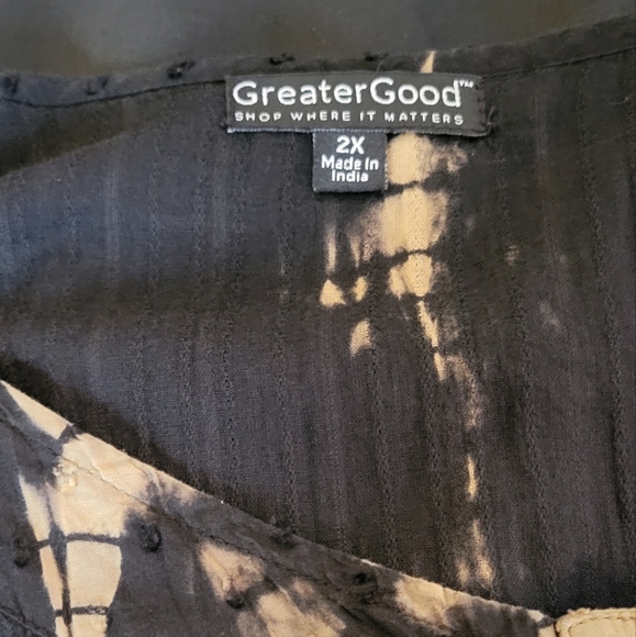 Greater Good black & tan tie dye short sleeve button shirt 2X cotton made India - Picture 3 of 6
